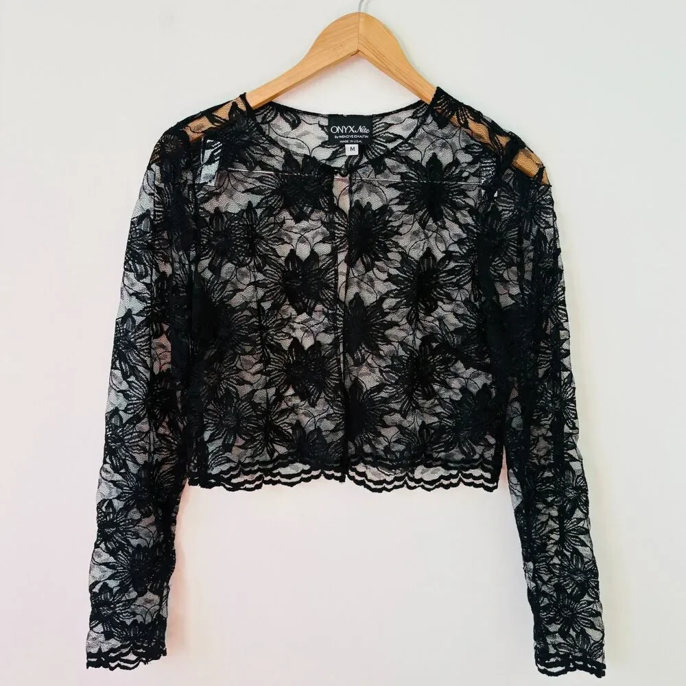 Onyx Nite VTG Black Sheer Lace Cropped Cardigan Top Sz M Goth Dark Romantic Alt